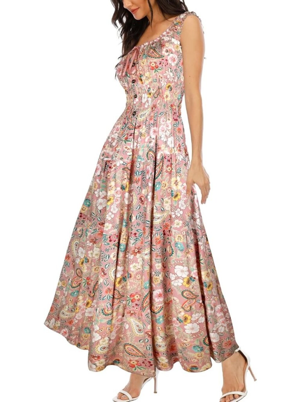 Women's Pink Pull On Floral Print Tiered Casual Flowy Long Maxi Dress